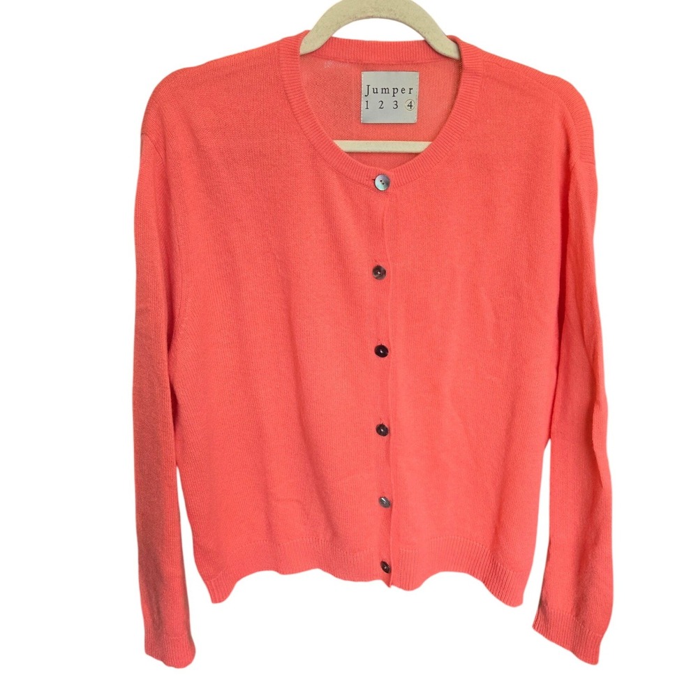 Jumper 1234 Cashmere Cardigan Sweater Coral Pink Crew Neck Button Front Large 4